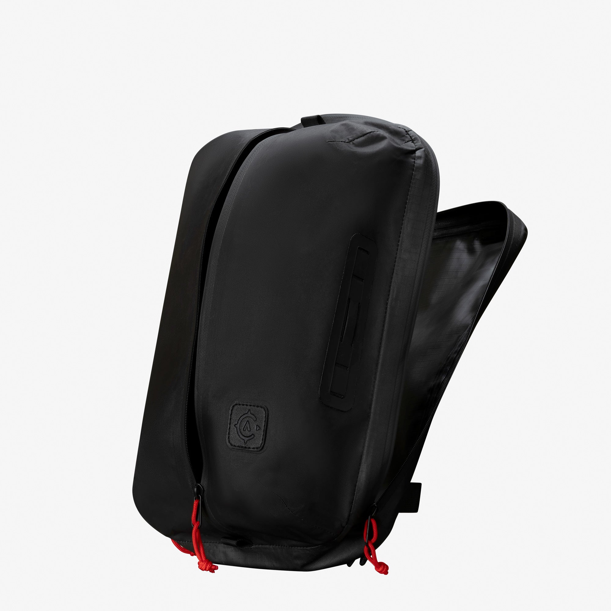 A black wet-dry bag with red detailing, featuring a shoulder strap and a brand logo on the front.